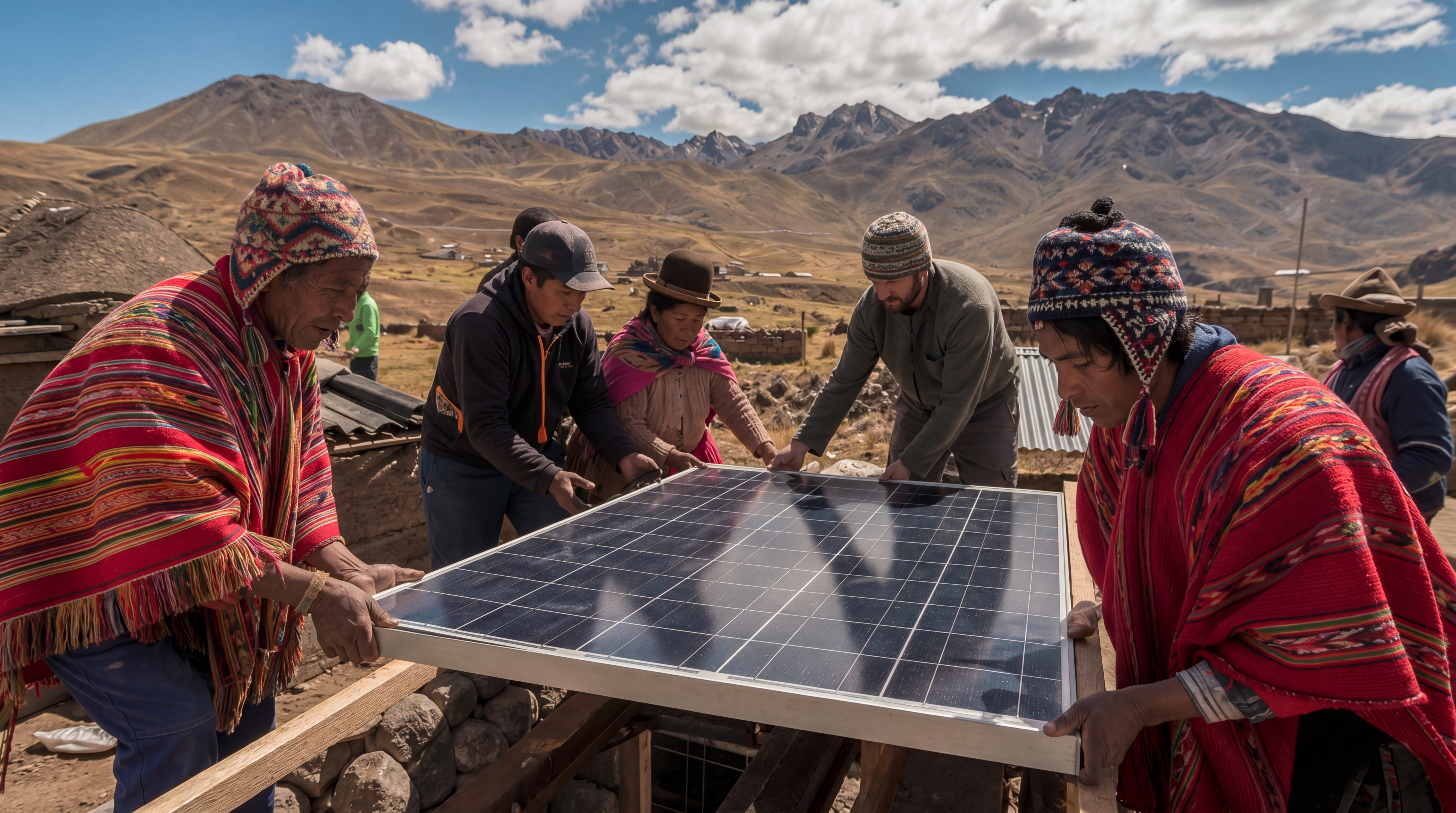 Comunidad y voluntariado instalando paneles solares